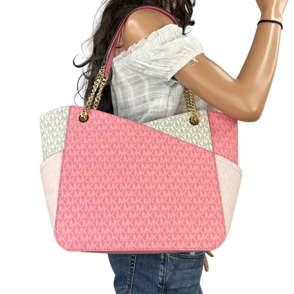 Michael Kors Jet Set Travel LG Chained Tote Shoulder Bag Color-Block MK Tea Rose - Picture 2 of 11